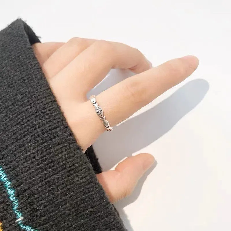 Women's adjustable S925 sterling silver fish ring with carp design and open mouth construction