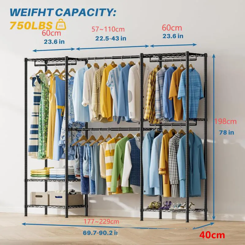 Black freestanding metal clothes storage rack with long hanging rail.