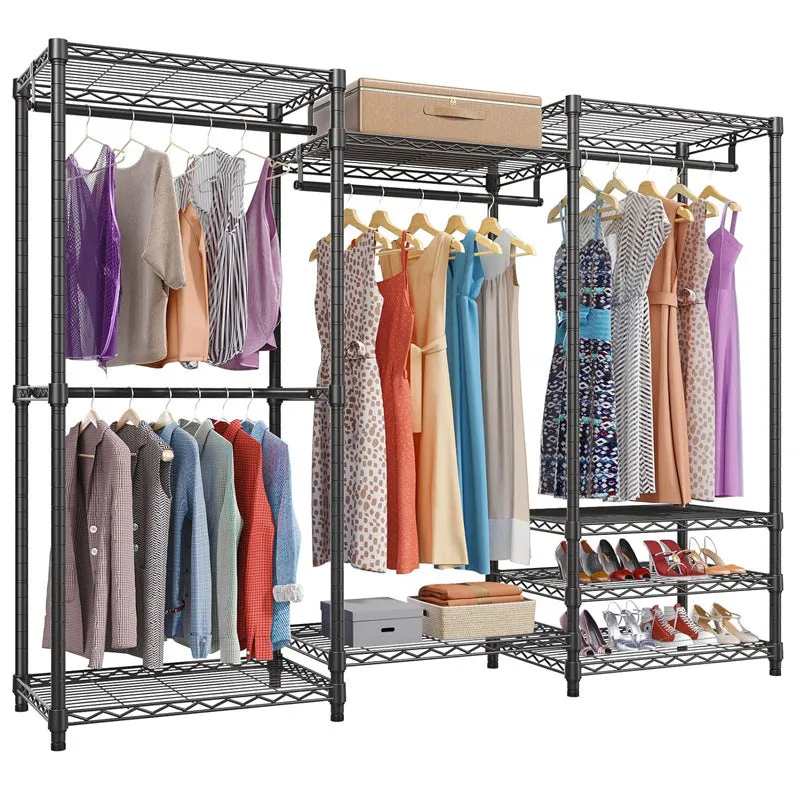Black freestanding metal clothes storage rack with long hanging rail.