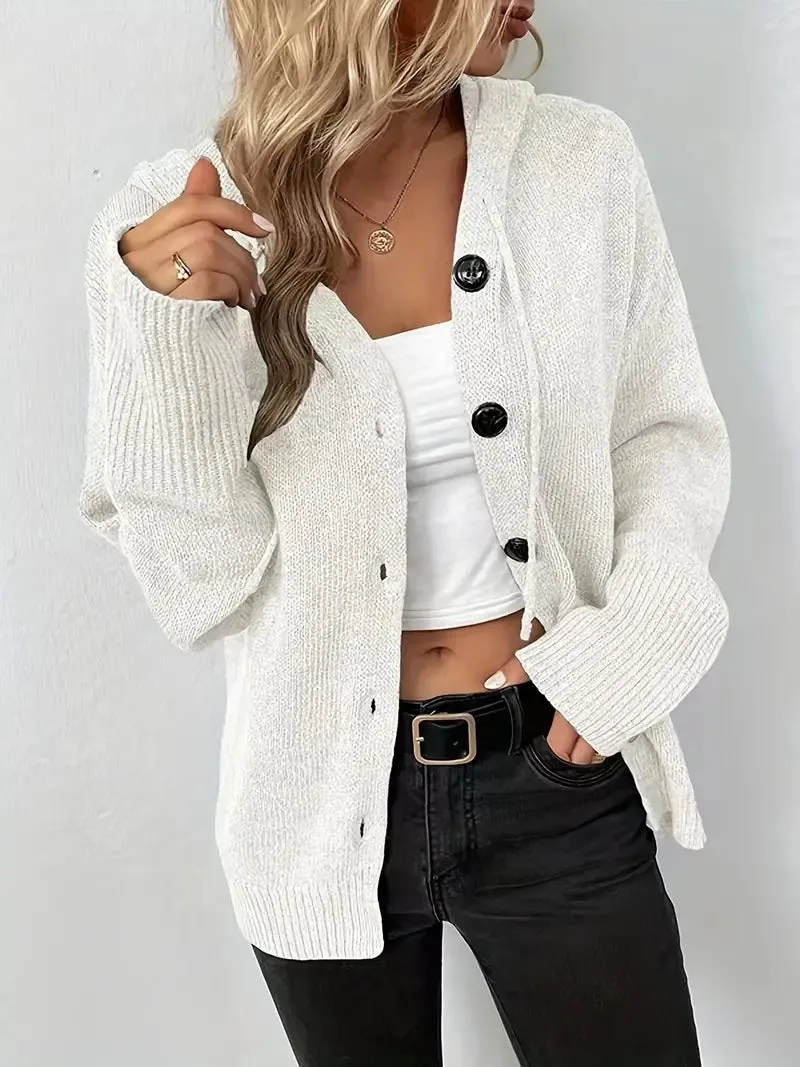 A thick grey cotton hooded cardigan sweater with a single-breasted front and long sleeves, shown on a model.