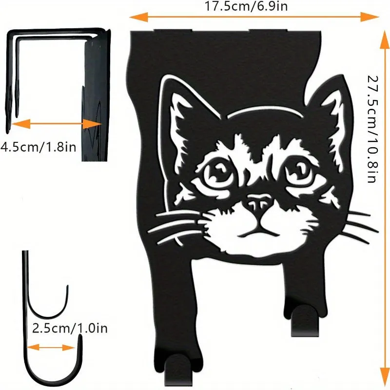 Black iron cat-shaped wall hook with punch-free mounting for decorative hanging