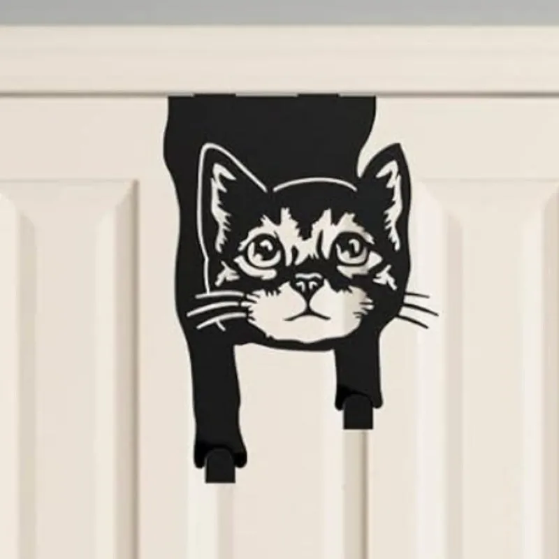 Black iron cat-shaped wall hook with punch-free mounting for decorative hanging