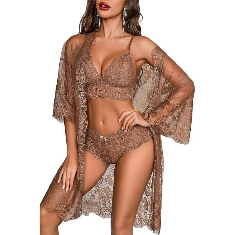 Ladies lace underwear set in apricot colour showing front detail, made from soft polyester fabric.