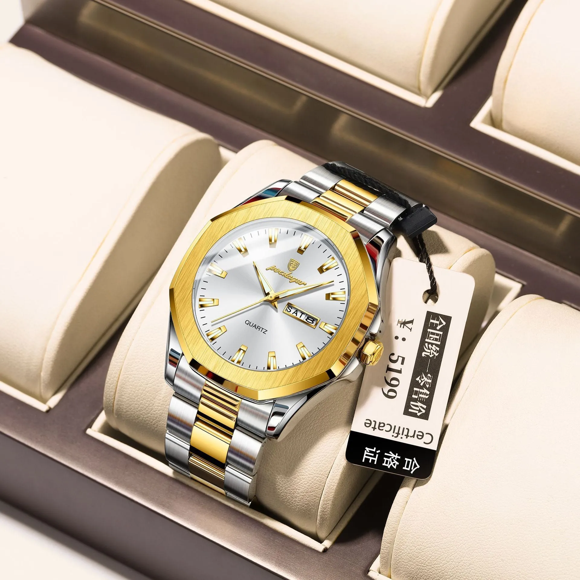 Men's steel strap quartz watch with business style and 9mm thickness, shown in a gold and blue colour variant.