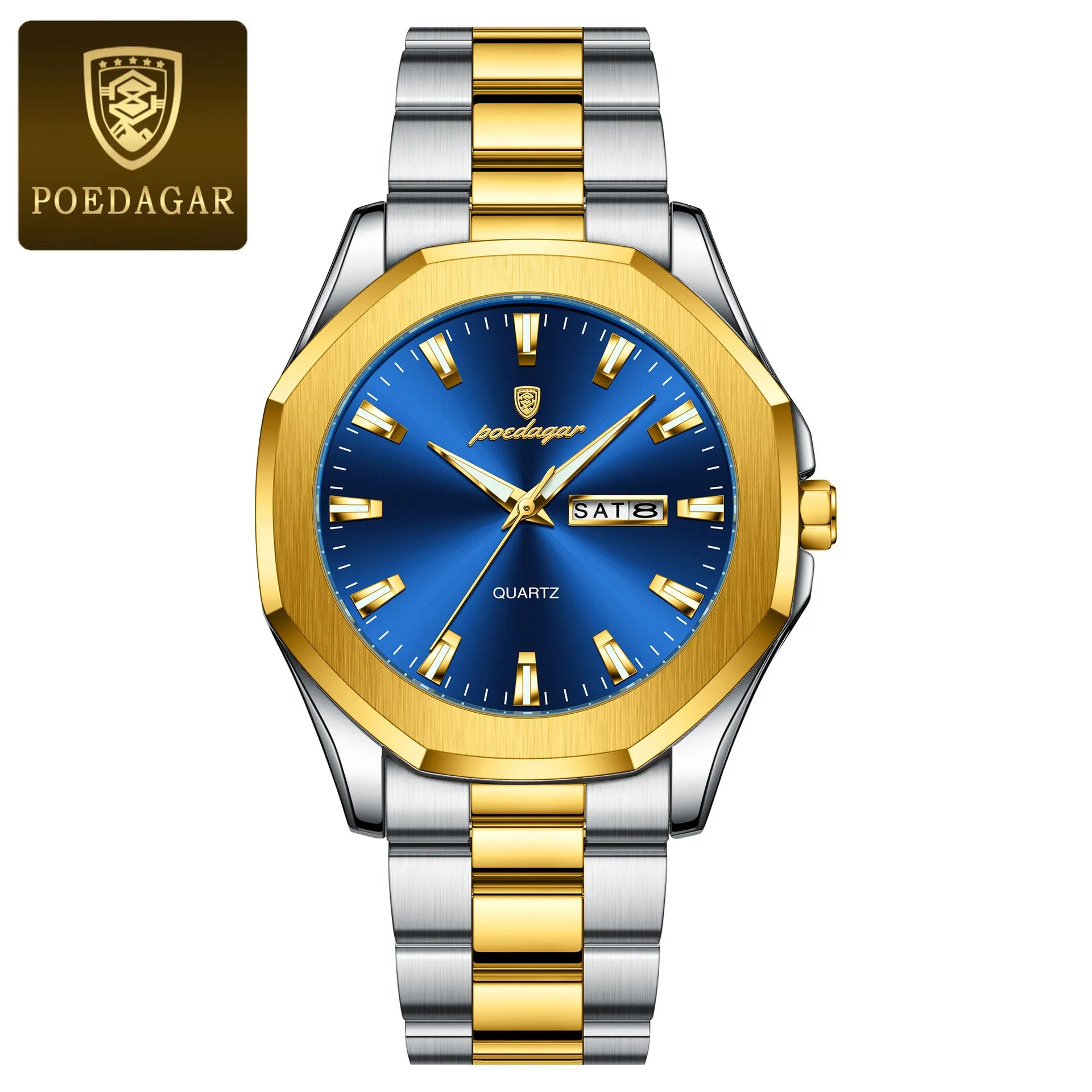 Men's steel strap quartz watch with business style and 9mm thickness, shown in a gold and blue colour variant.