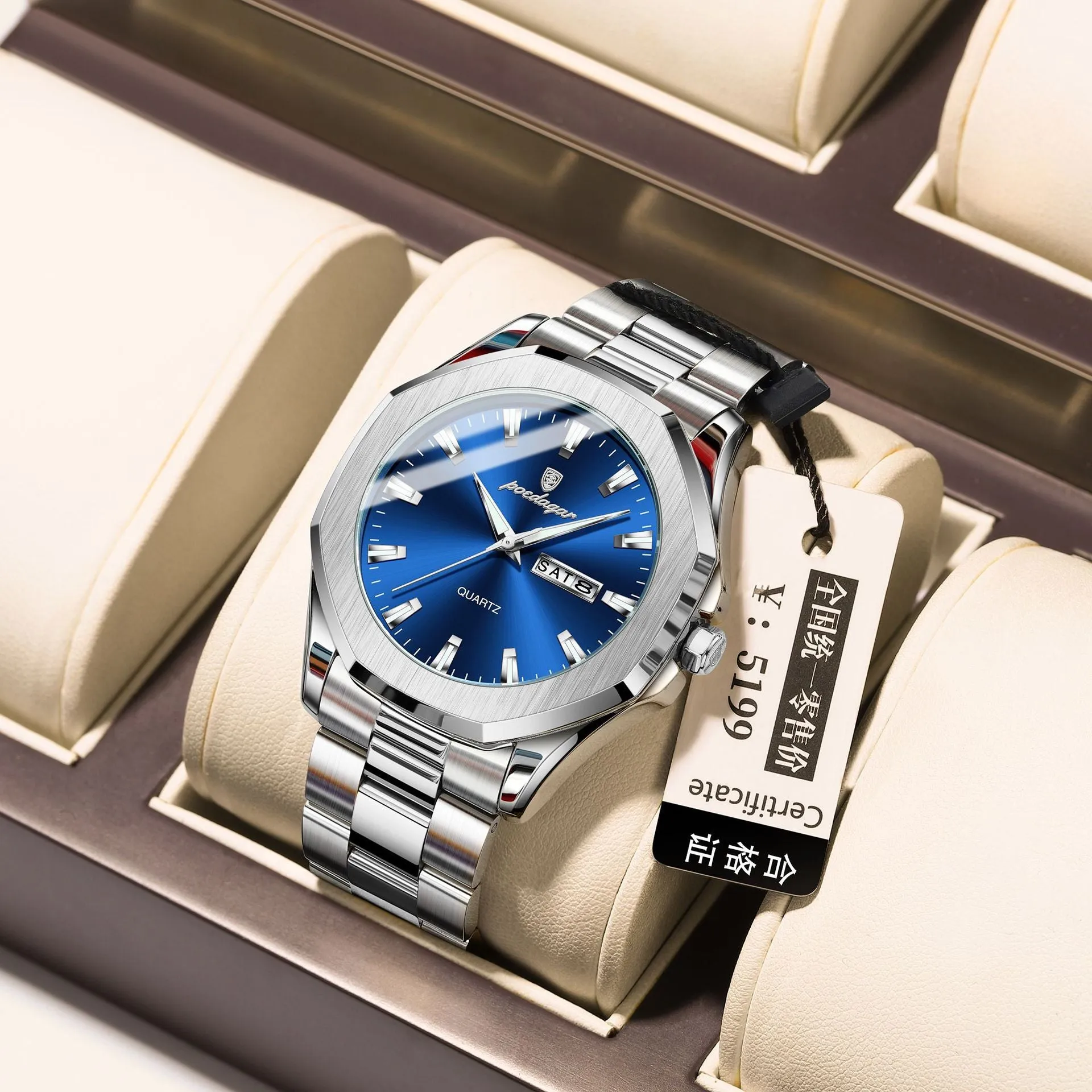 Men's steel strap quartz watch with business style and 9mm thickness, shown in a gold and blue colour variant.