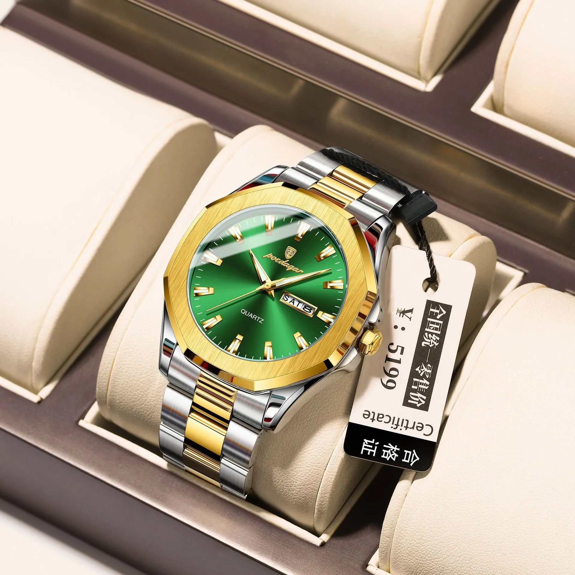 Men's steel strap quartz watch with business style and 9mm thickness, shown in a gold and blue colour variant.