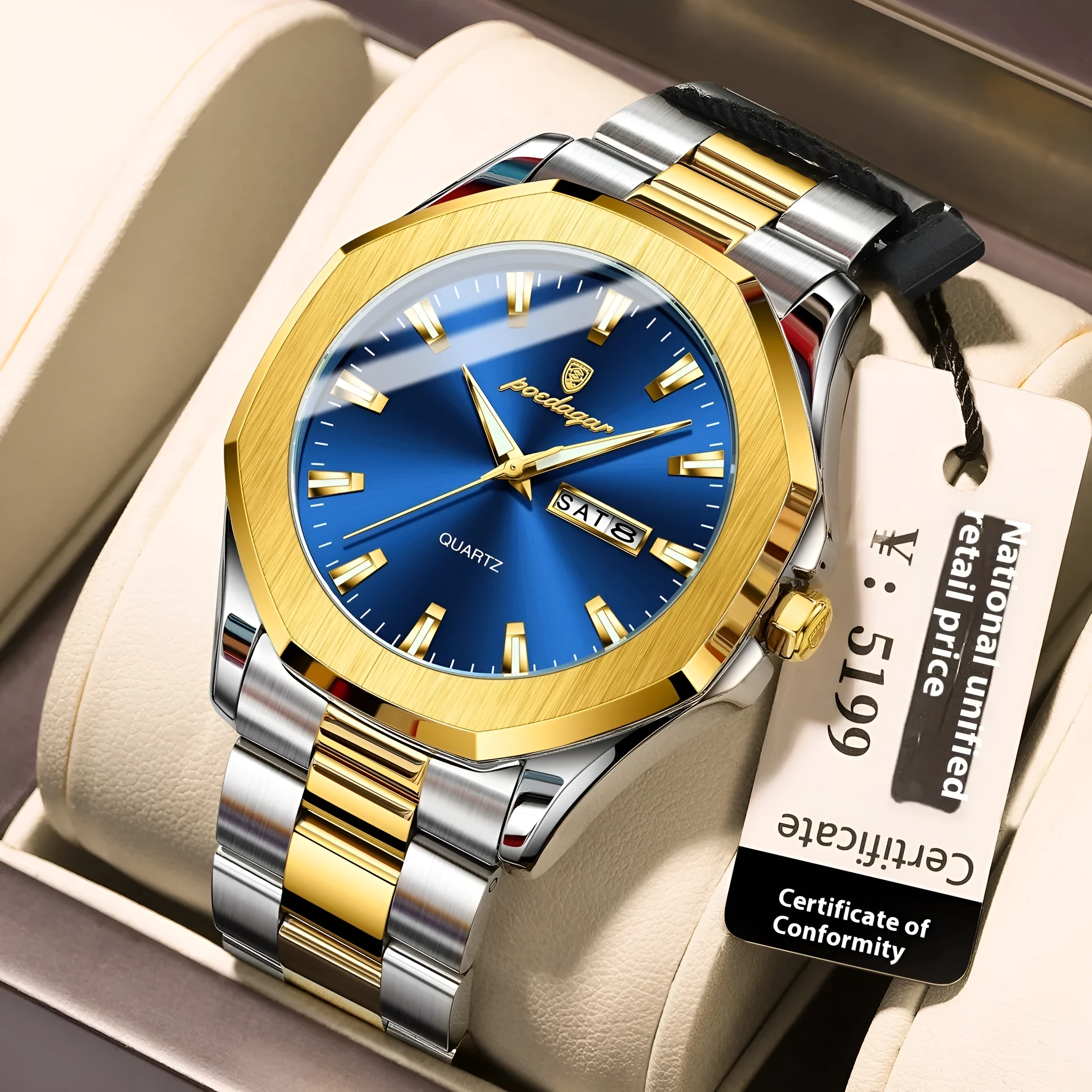 Men's steel strap quartz watch with business style and 9mm thickness, shown in a gold and blue colour variant.