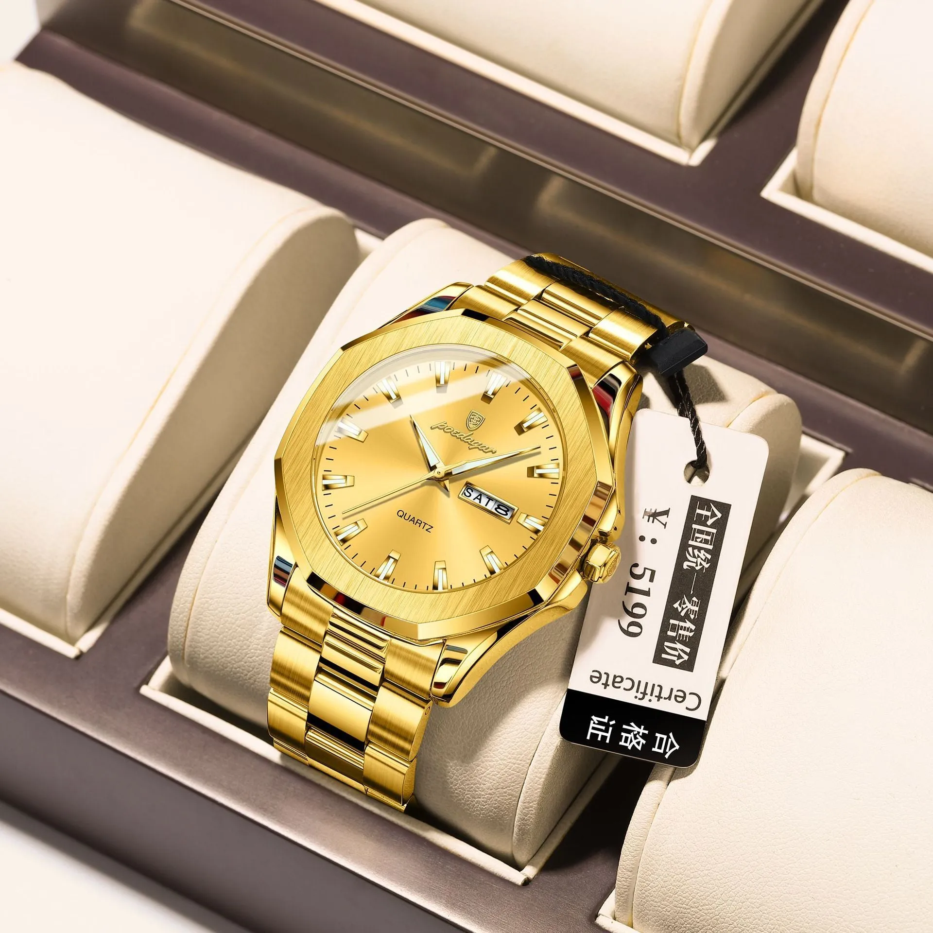 Men's steel strap quartz watch with business style and 9mm thickness, shown in a gold and blue colour variant.