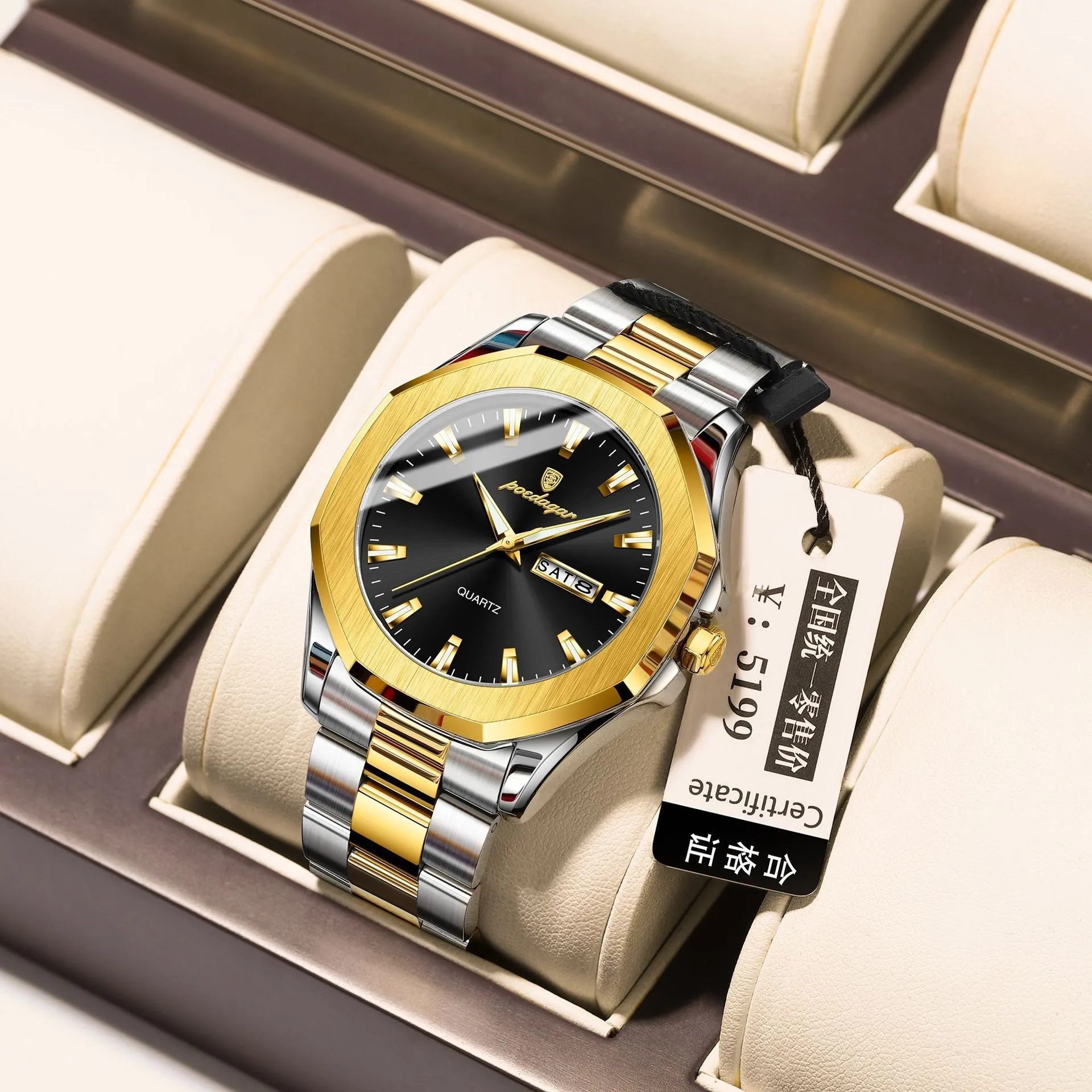 Men's steel strap quartz watch with business style and 9mm thickness, shown in a gold and blue colour variant.