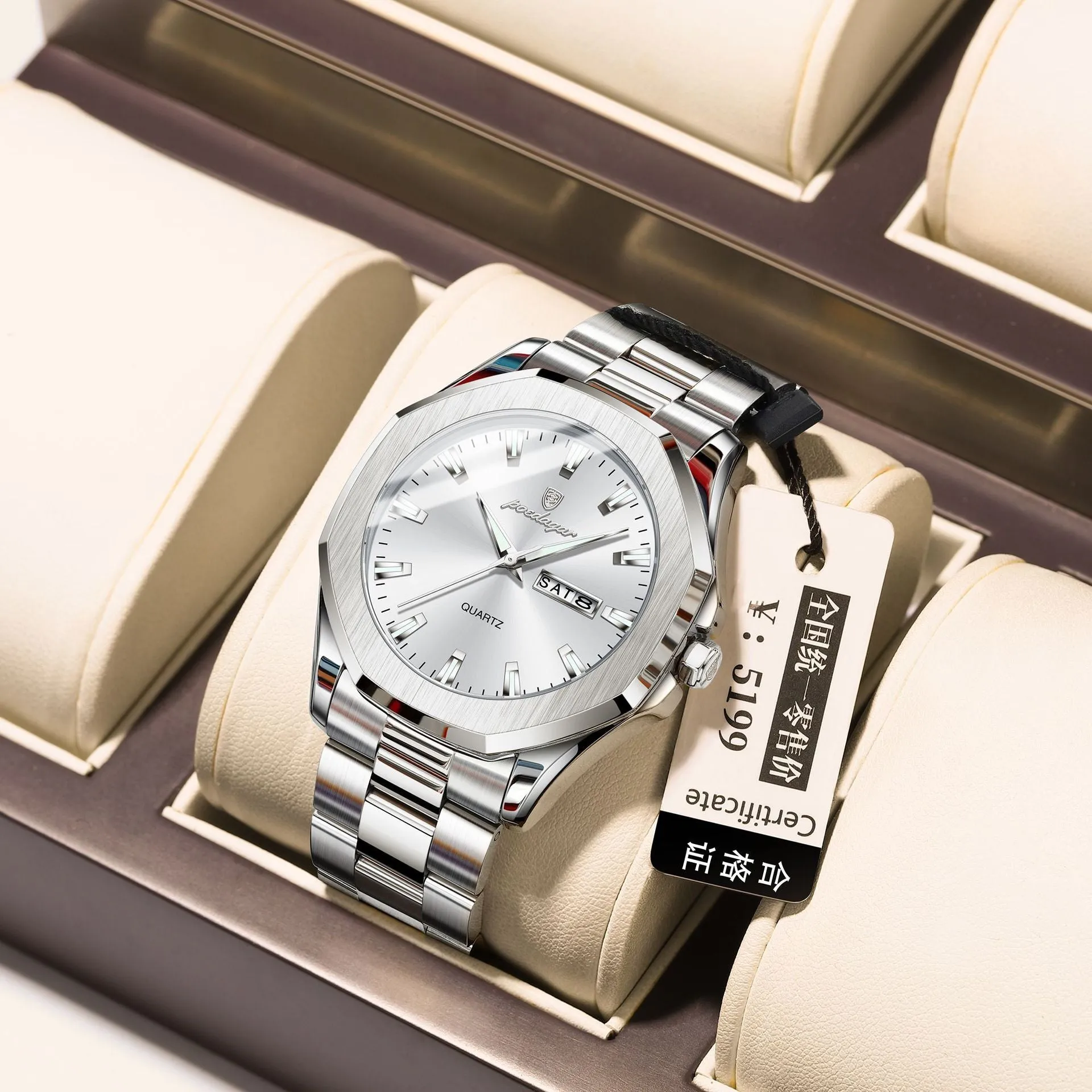 Men's steel strap quartz watch with business style and 9mm thickness, shown in a gold and blue colour variant.
