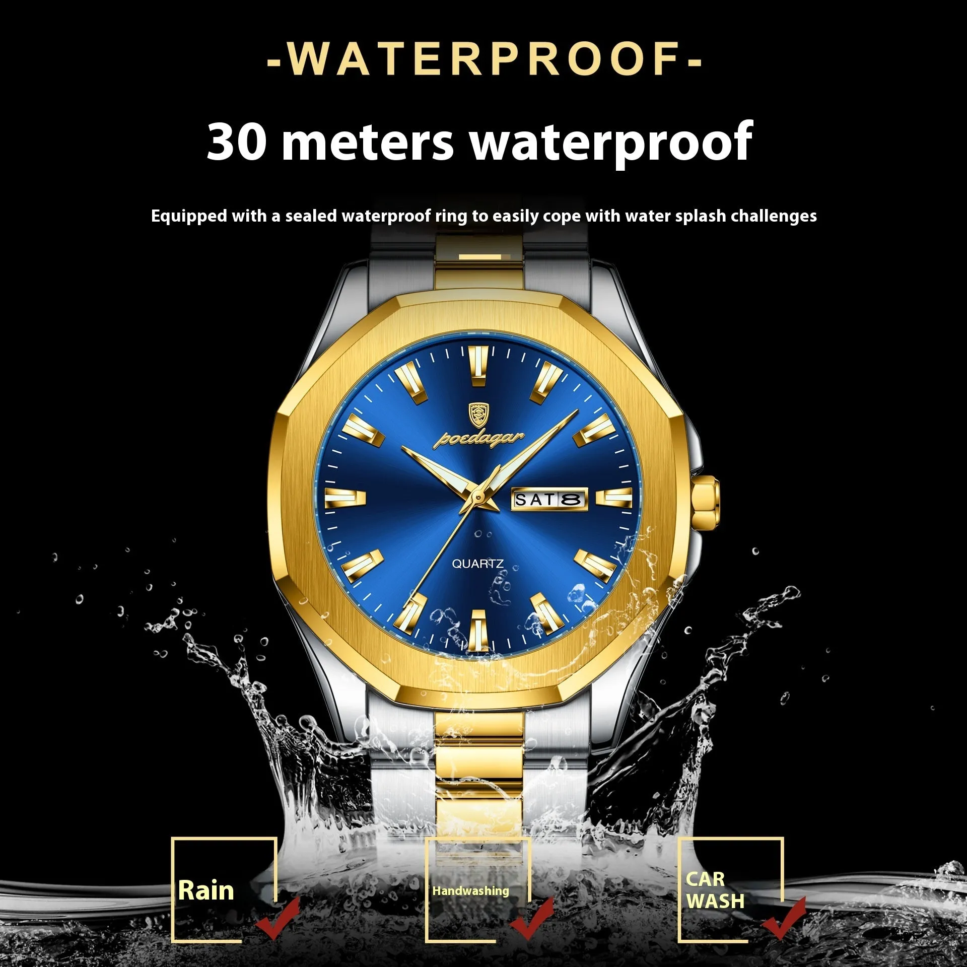 Men's steel strap quartz watch with business style and 9mm thickness, shown in a gold and blue colour variant.
