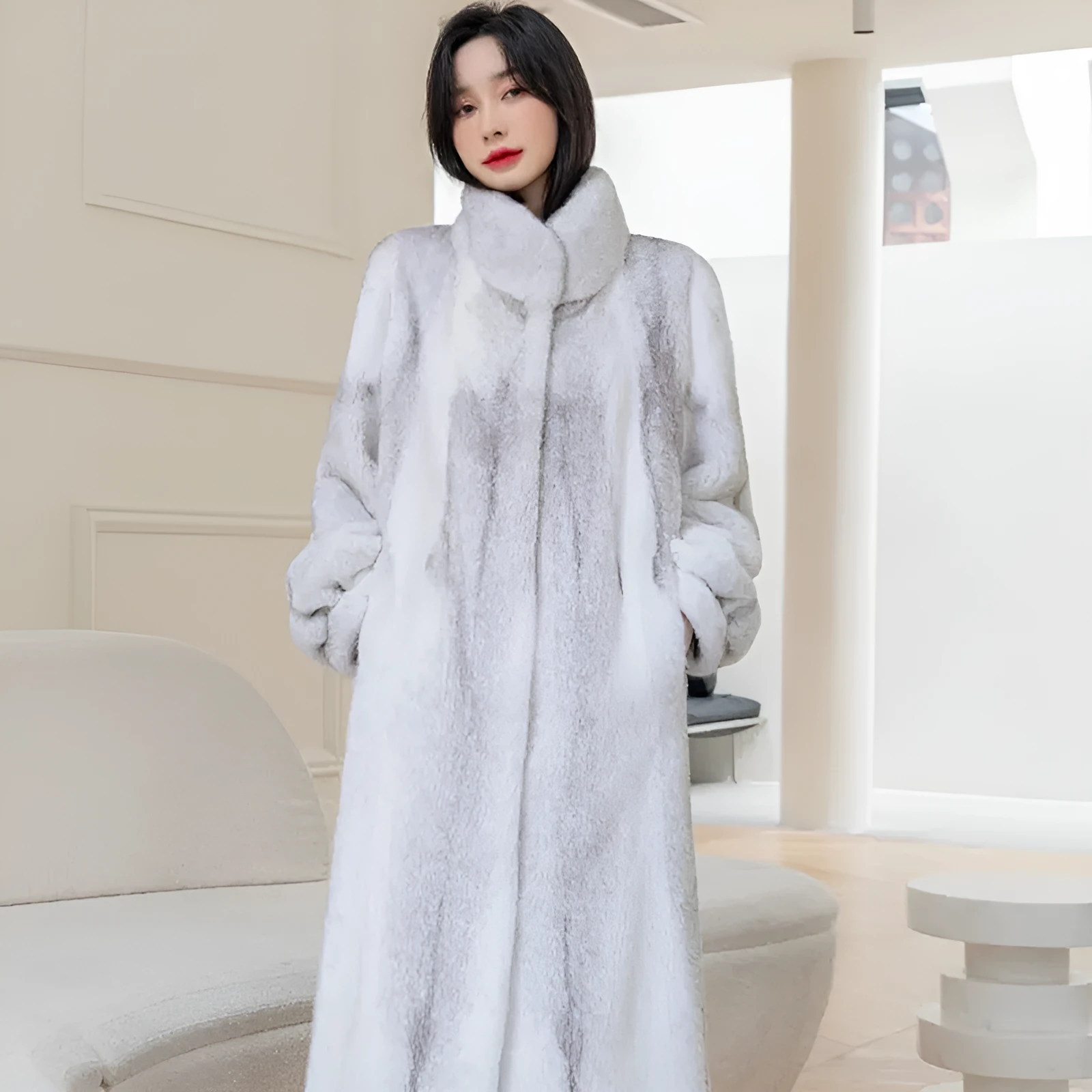 Women's long white faux fur coat with stand-up collar showing front view