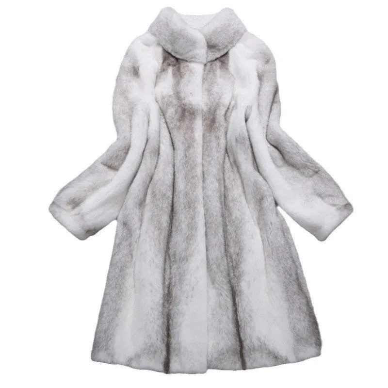 Women's long white faux fur coat with stand-up collar showing front view