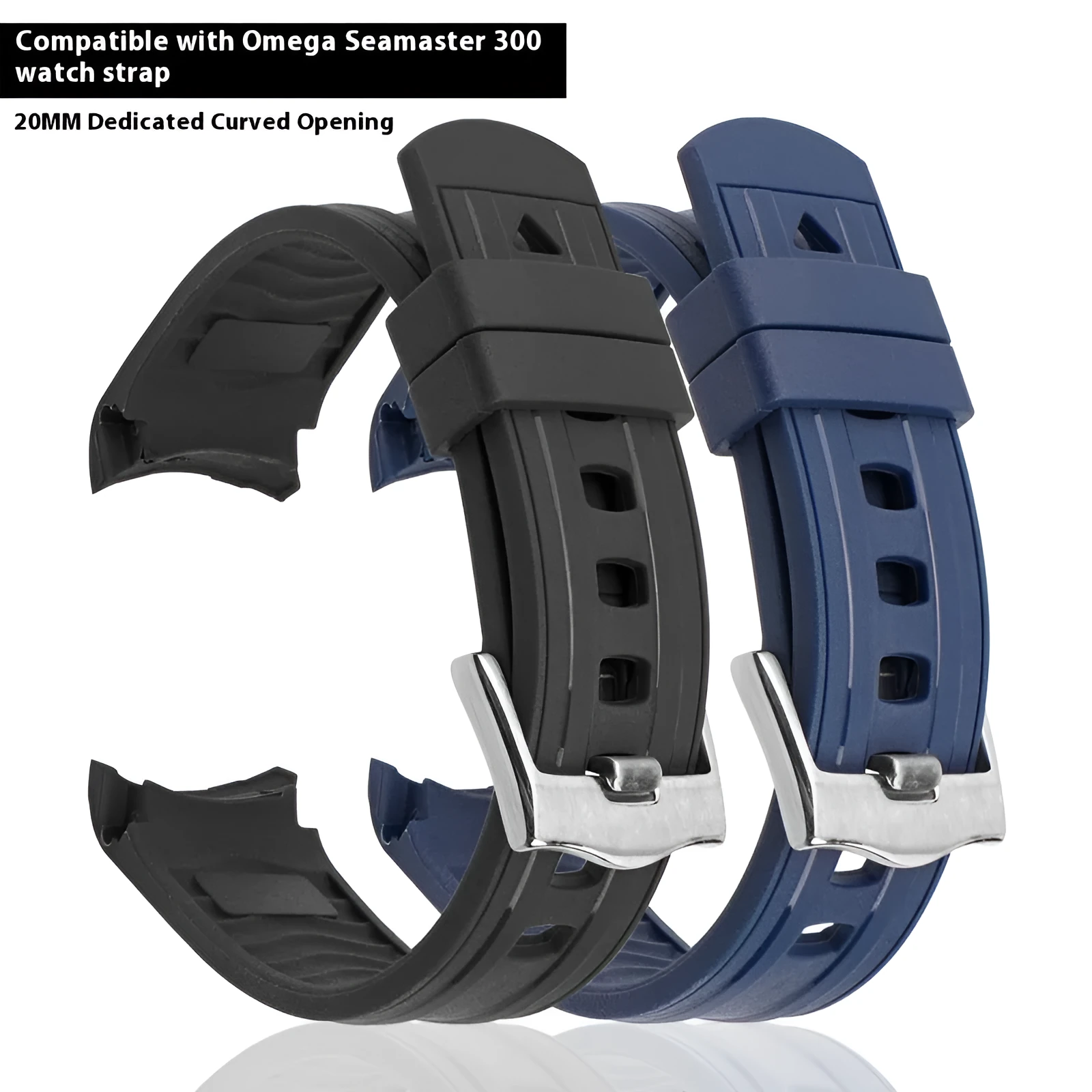 Silver metal buckle watch strap in multiple colours showing 20mm and 22mm width options