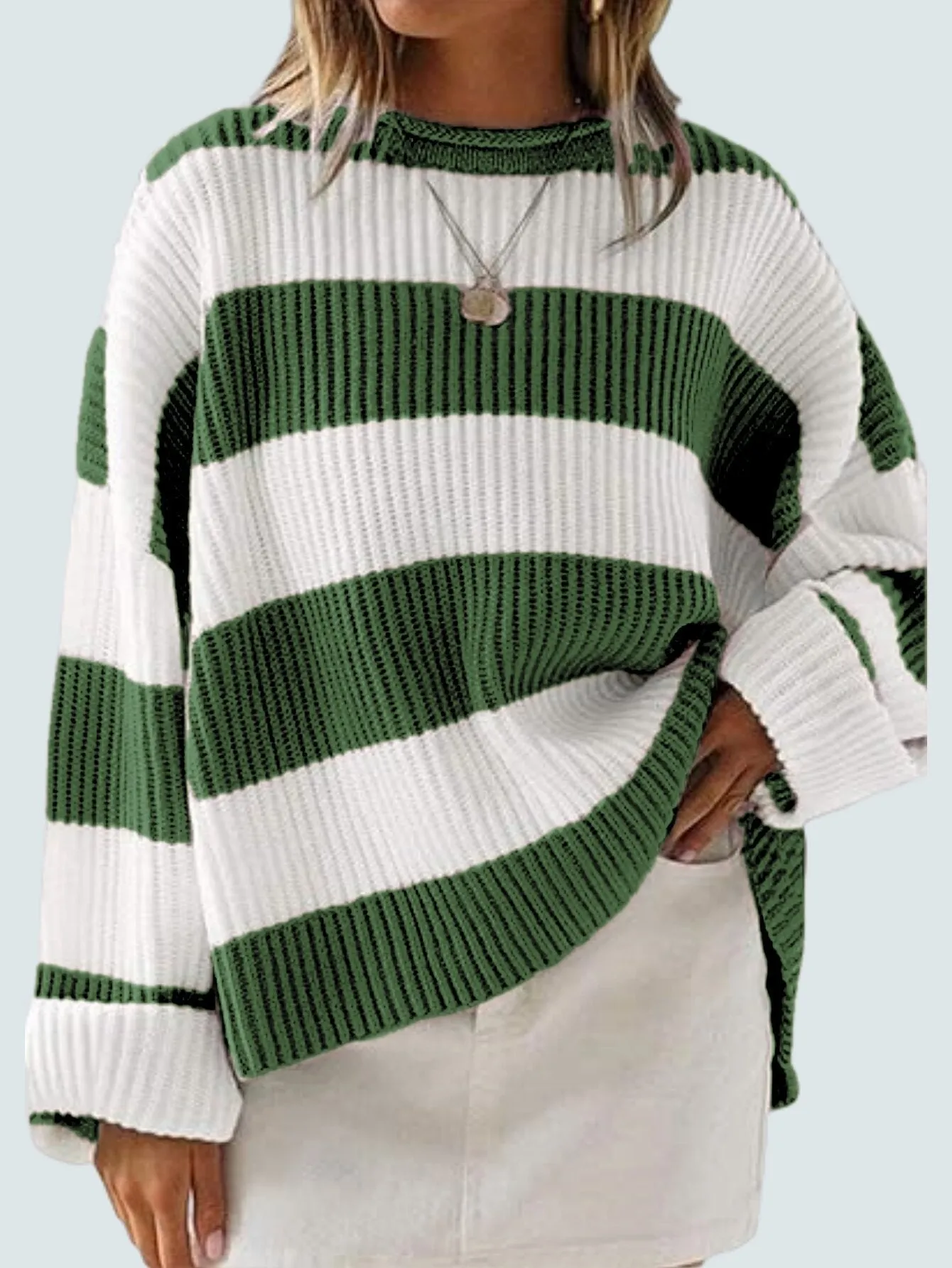 Women's bell sleeve loose striped knit sweater pullover in viscose fibre with crocheted flower detail