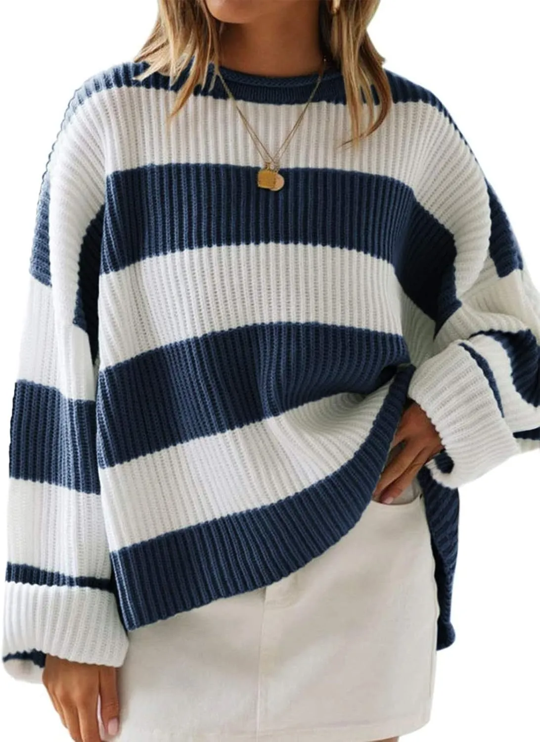 Women's bell sleeve loose striped knit sweater pullover in viscose fibre with crocheted flower detail
