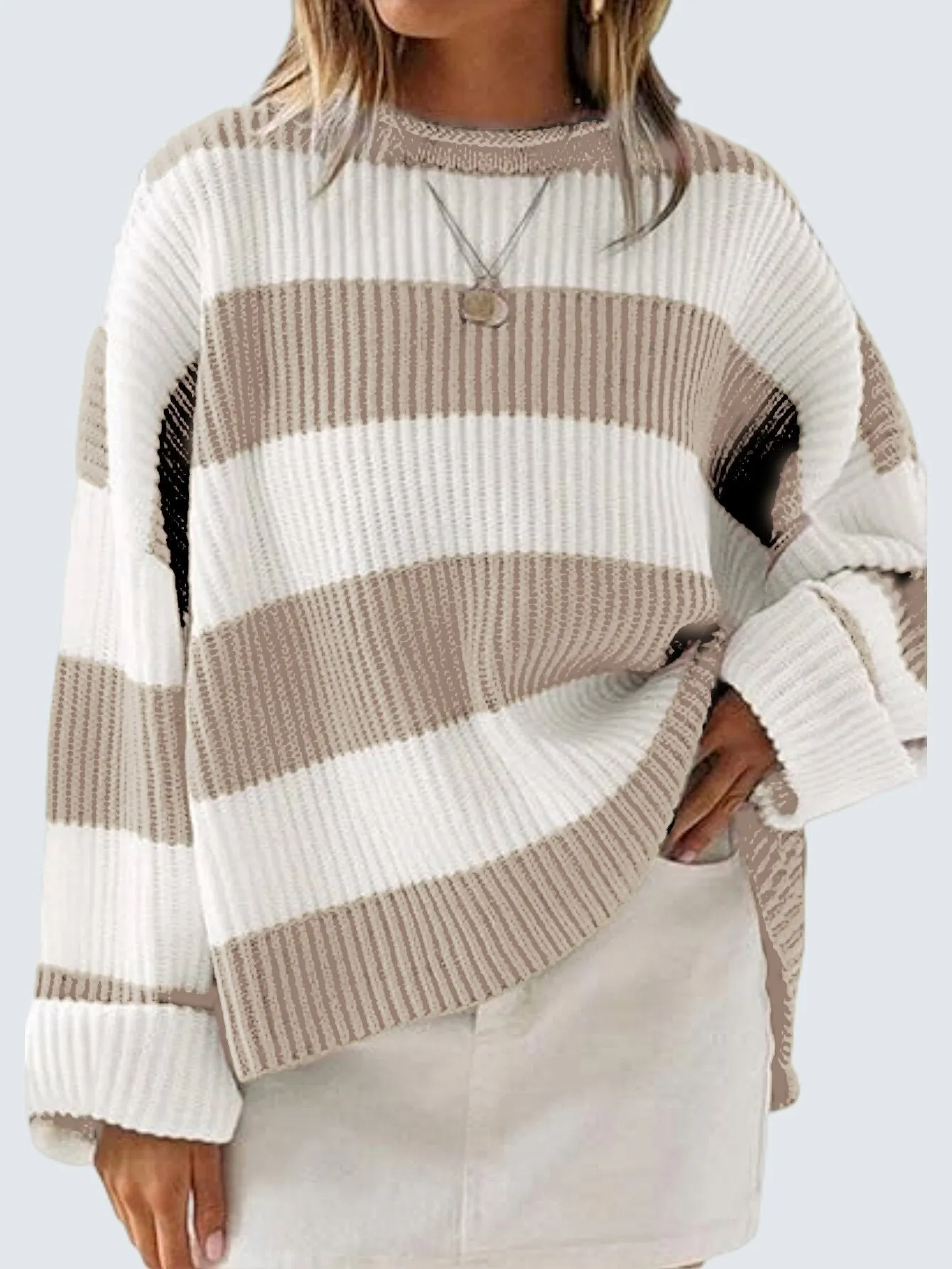 Women's bell sleeve loose striped knit sweater pullover in viscose fibre with crocheted flower detail