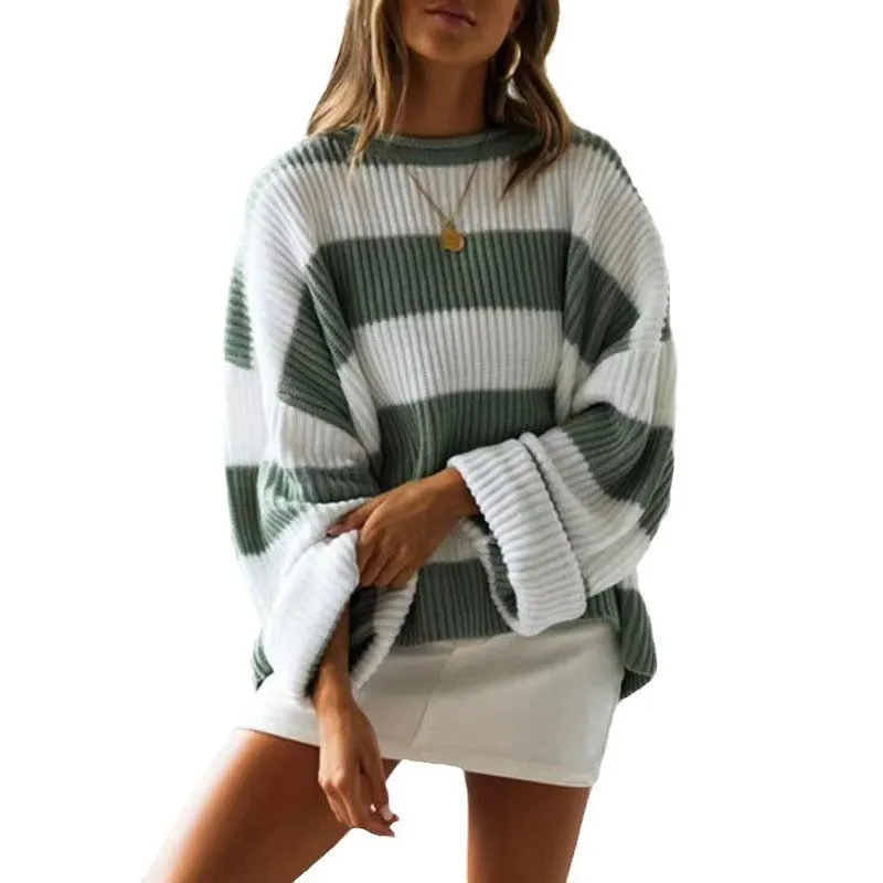 Women's bell sleeve loose striped knit sweater pullover in viscose fibre with crocheted flower detail