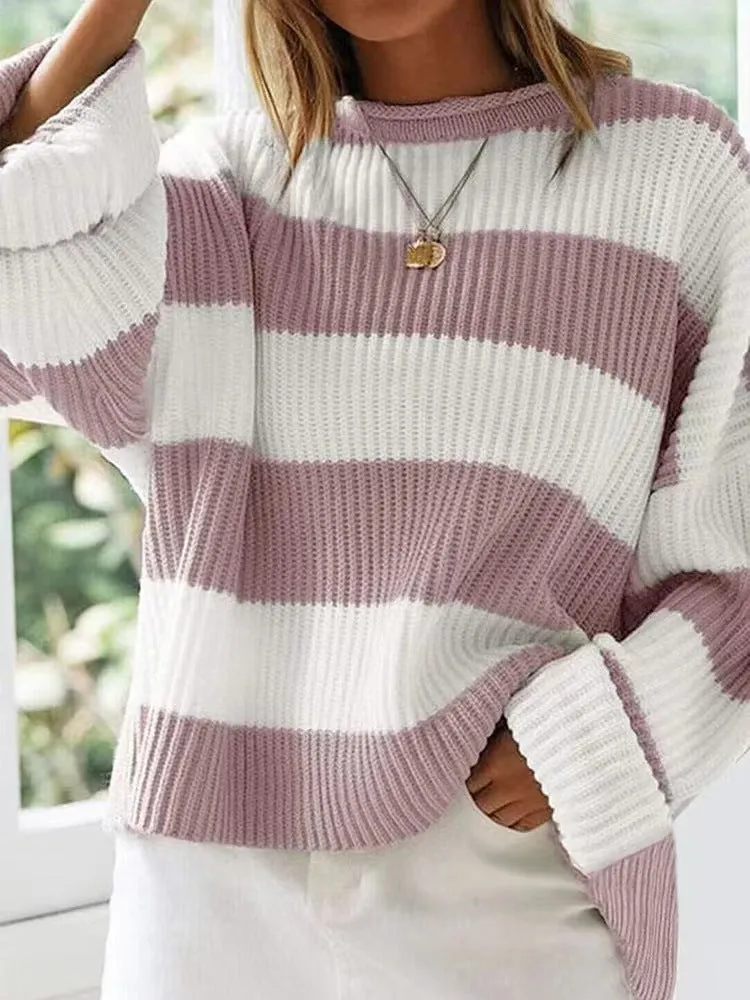 Women's bell sleeve loose striped knit sweater pullover in viscose fibre with crocheted flower detail