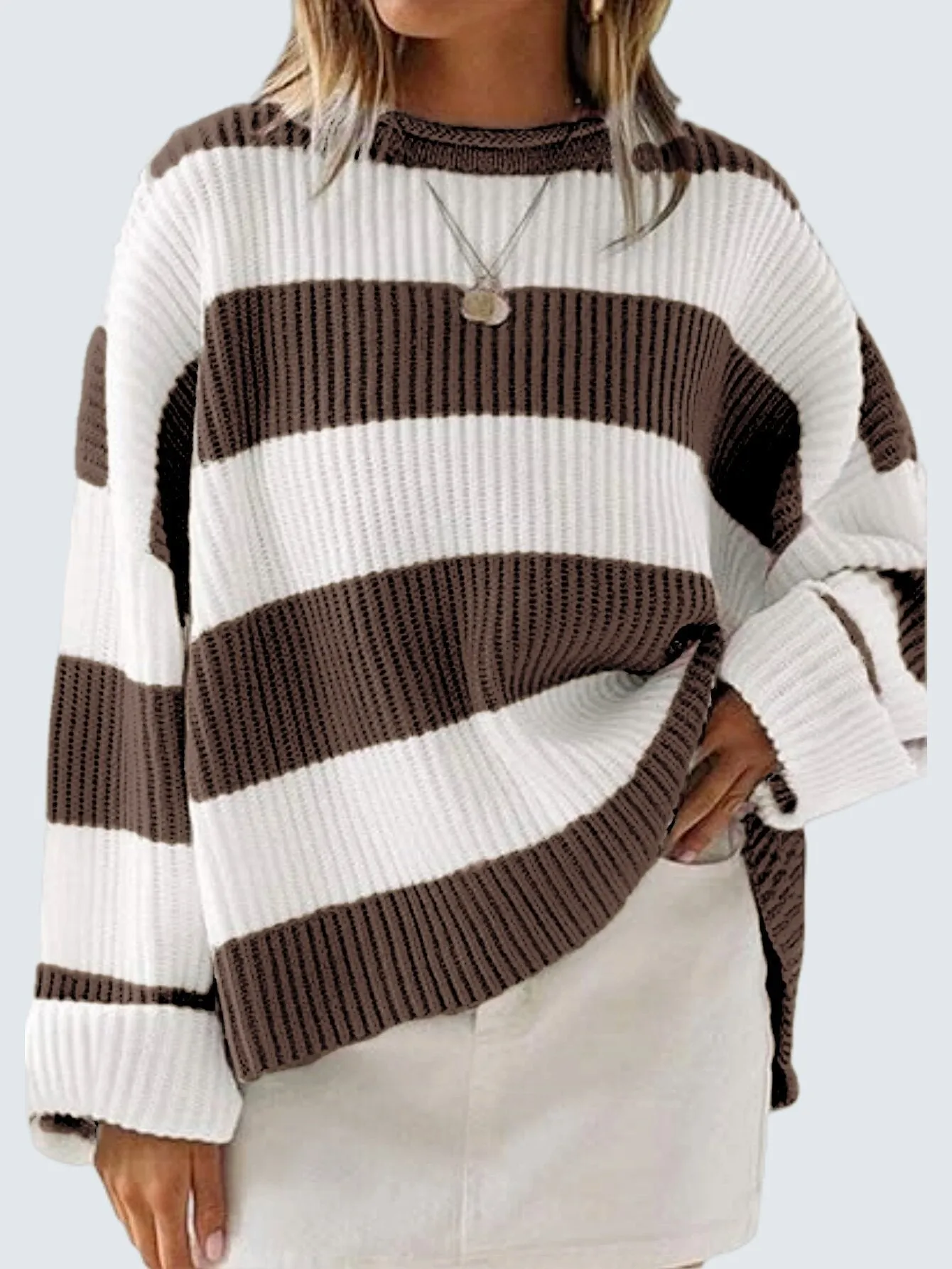 Women's bell sleeve loose striped knit sweater pullover in viscose fibre with crocheted flower detail