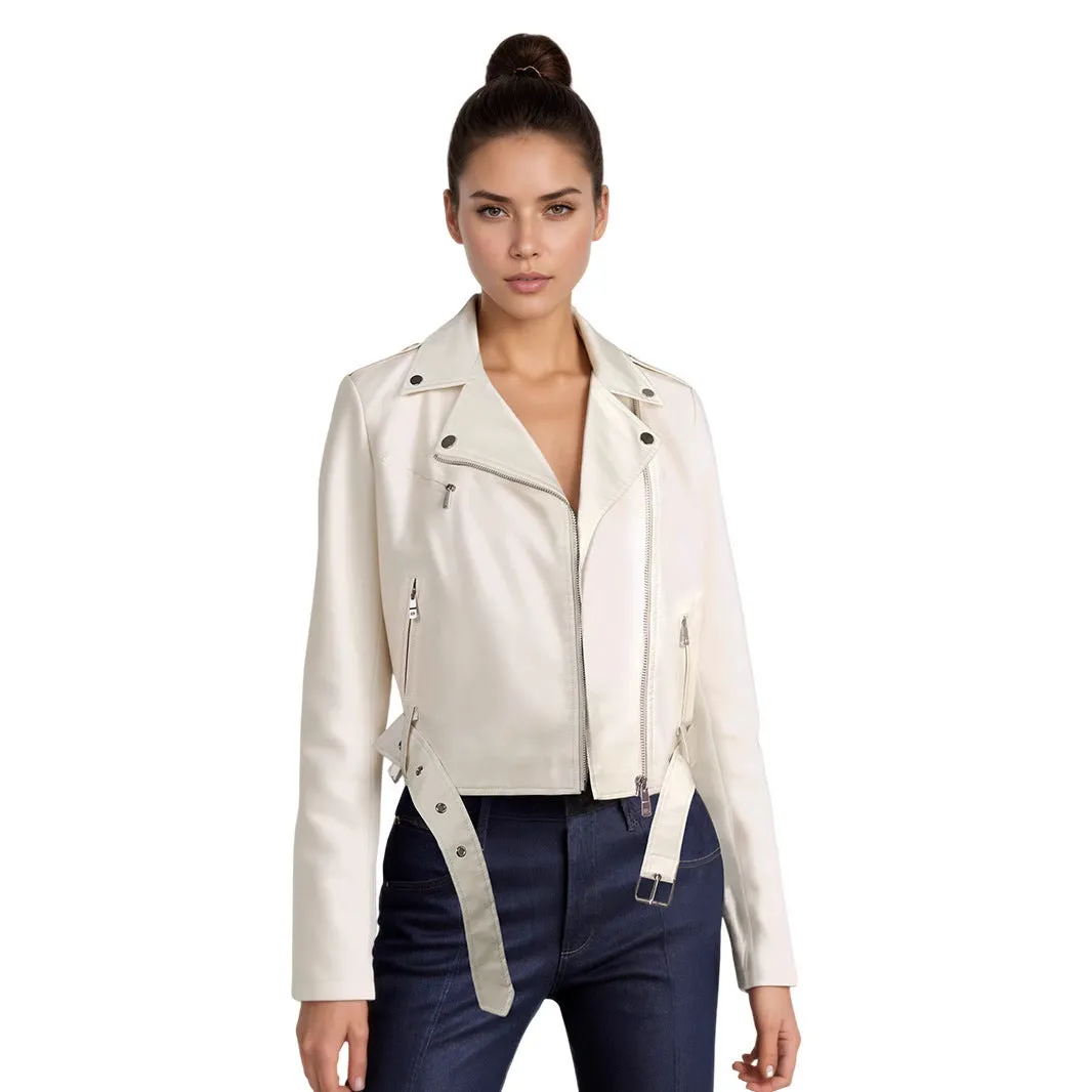 Women's black PU leather motorbike jacket with a lapel collar and waist belt.