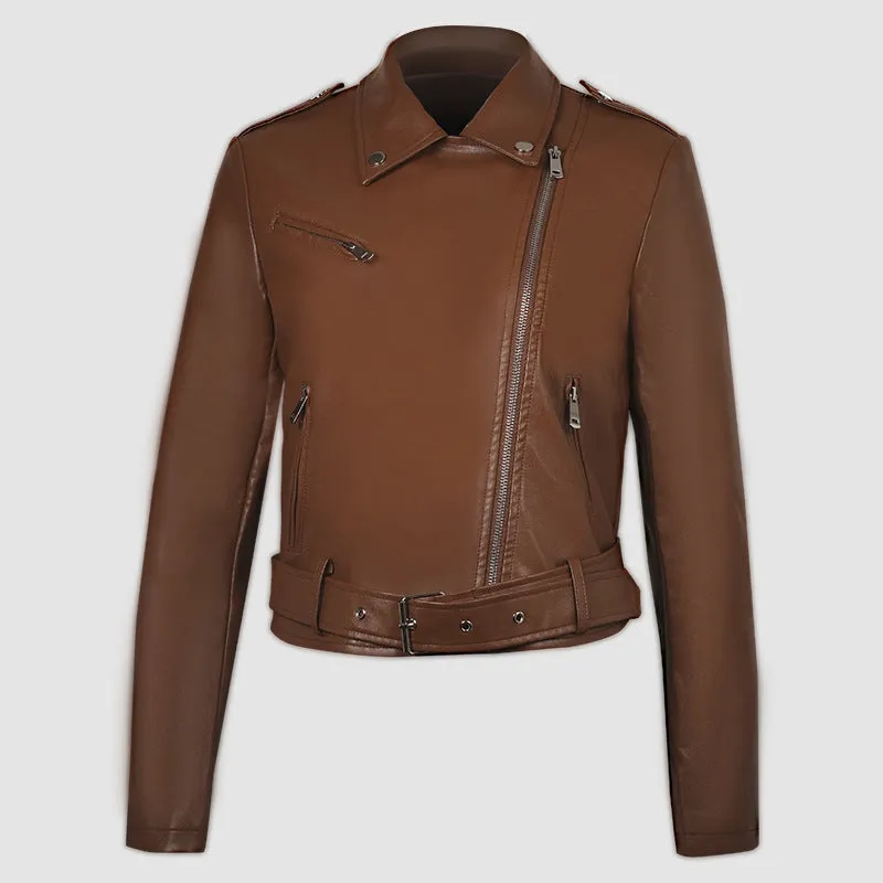 Women's black PU leather motorbike jacket with a lapel collar and waist belt.