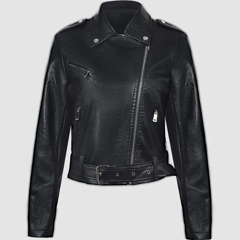 Women's black PU leather motorbike jacket with a lapel collar and waist belt.