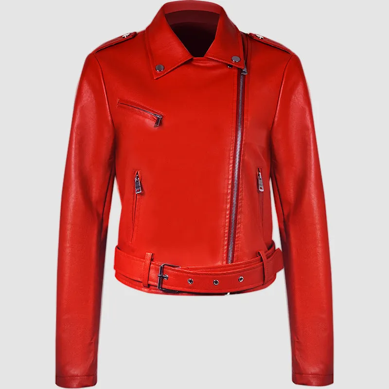 Women's black PU leather motorbike jacket with a lapel collar and waist belt.