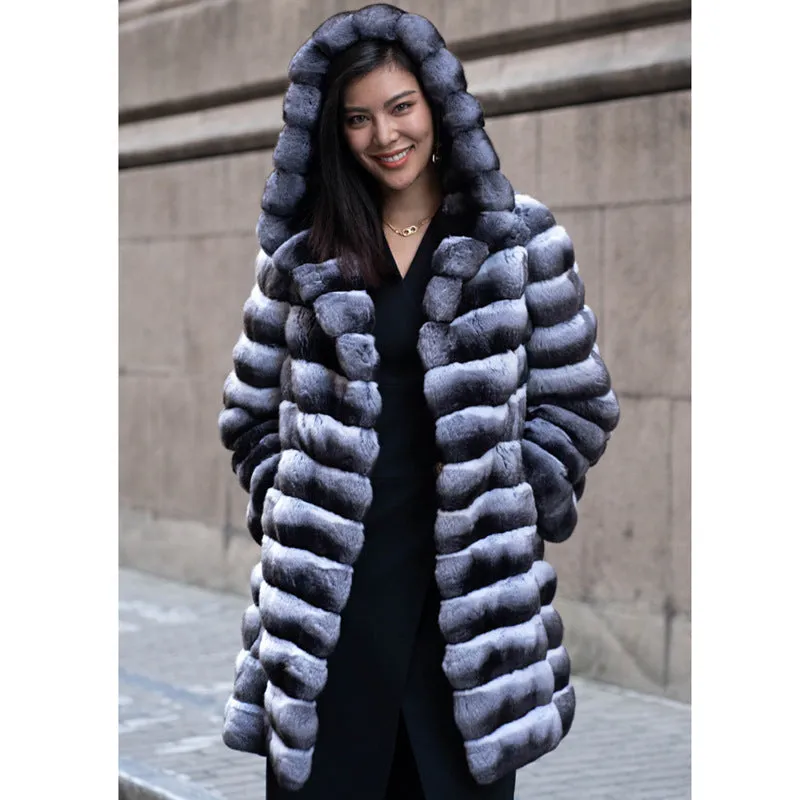 Women's zebra stripe artificial mink fur overcoat with regular sleeves and mid-length design