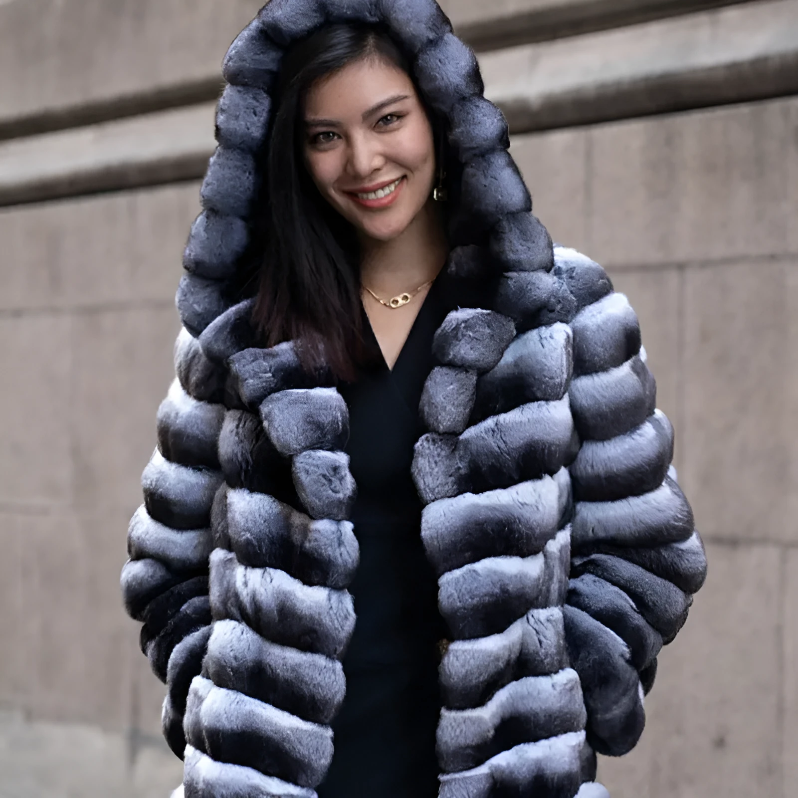 Women's zebra stripe artificial mink fur overcoat with regular sleeves and mid-length design