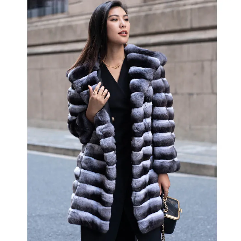 Women's zebra stripe artificial mink fur overcoat with regular sleeves and mid-length design