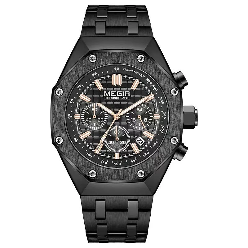 Men's waterproof quartz watch showing three band colour options: blue silicone, rose gold-edged black steel, and all-black steel