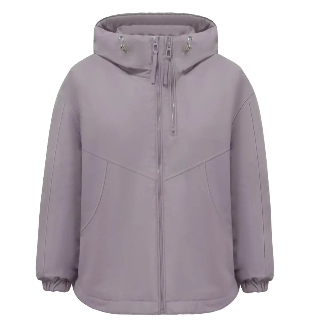 Grey women's loose-fit hooded polyester shell jacket with long sleeves on a hanger.