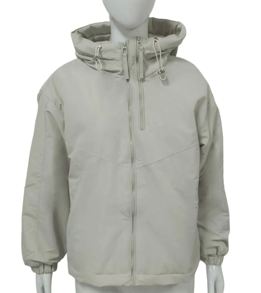 Grey women's loose-fit hooded polyester shell jacket with long sleeves on a hanger.