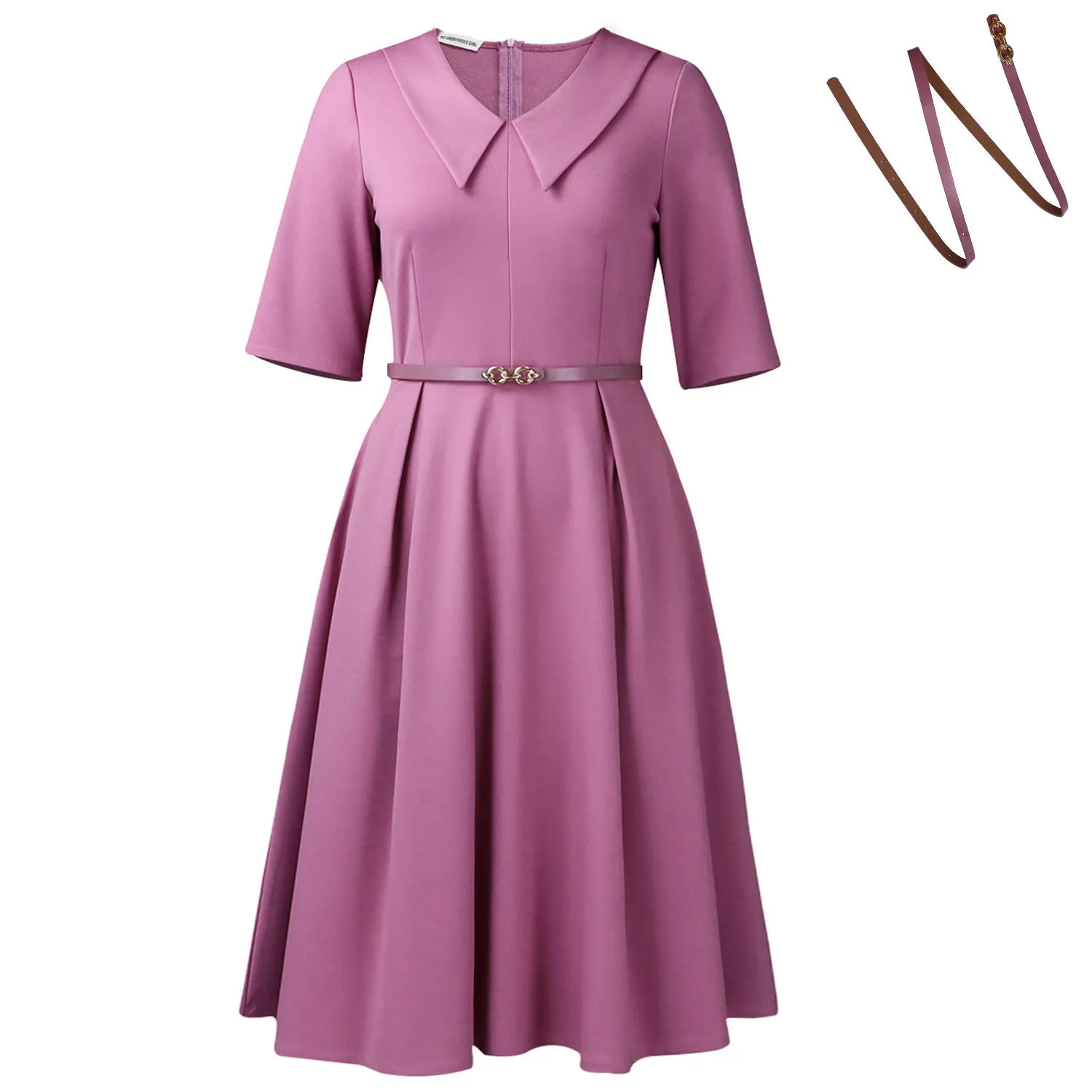 A woman wearing a solid colour African dress with half sleeves and a high waist, featuring a contrasting coloured belt.