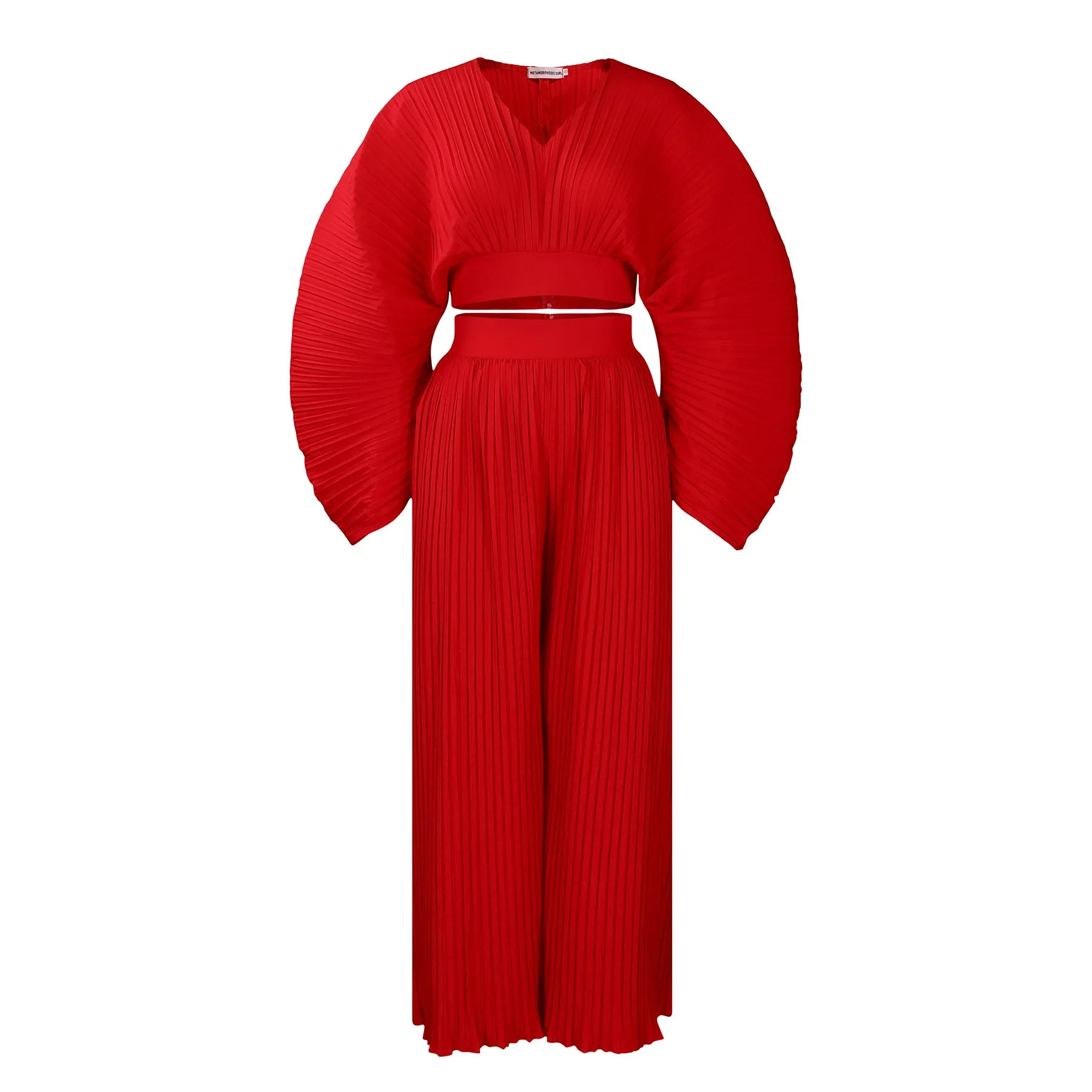 African suit two-piece set with batwing sleeve top and wide leg trousers in red or blue.