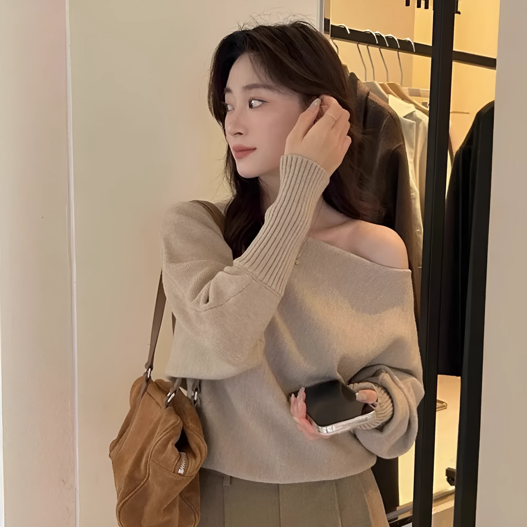 Women's long sleeve viscose fibre blouse pullover in light grey colour