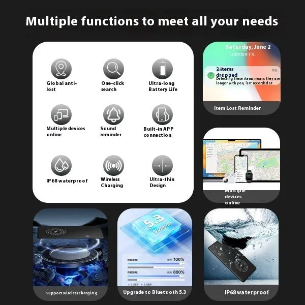 MFI FindMy compatible black card-type Bluetooth tracker with keychain loop.