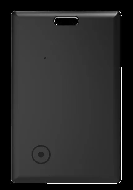 MFI FindMy compatible black card-type Bluetooth tracker with keychain loop.