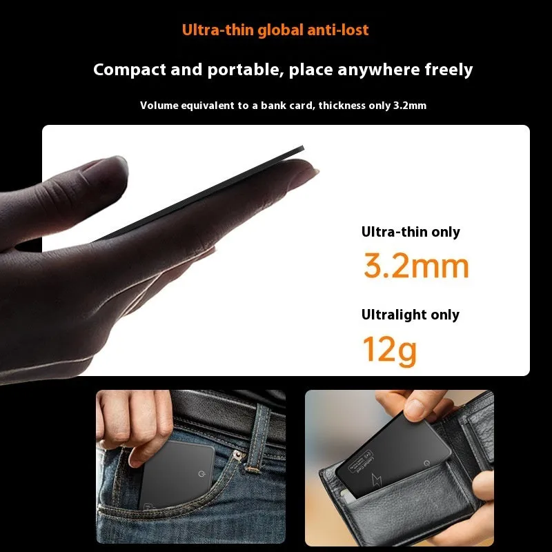MFI FindMy compatible black card-type Bluetooth tracker with keychain loop.