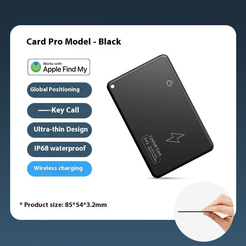 MFI FindMy compatible black card-type Bluetooth tracker with keychain loop.
