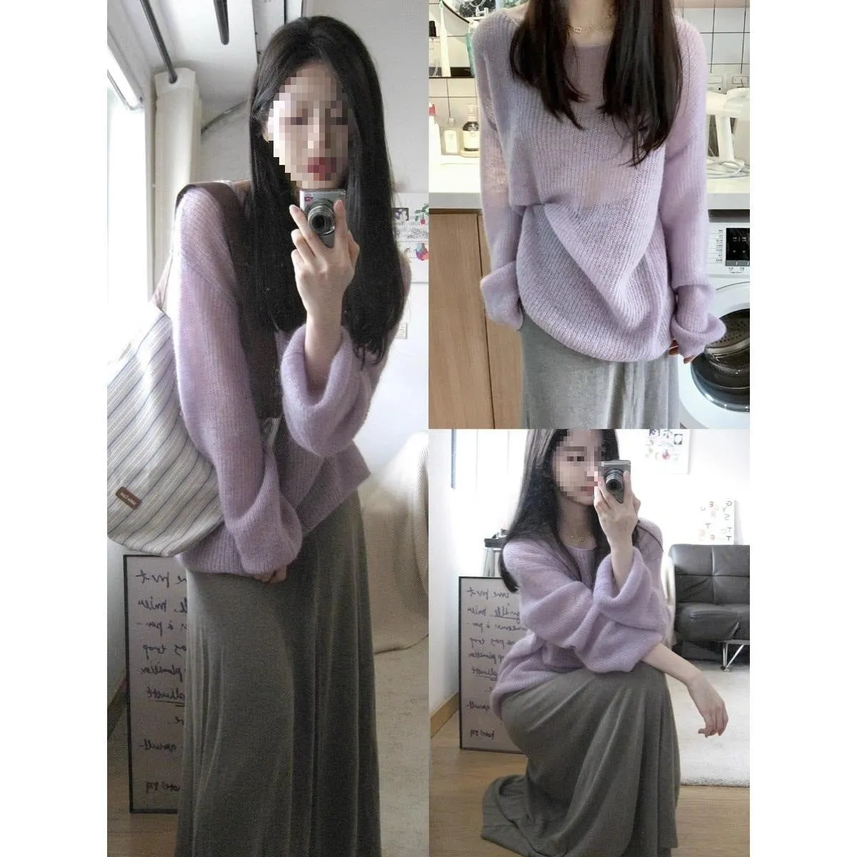 Purple sleeveless women's blouse with hollow out detail and round neck, made from ice silk fabric.