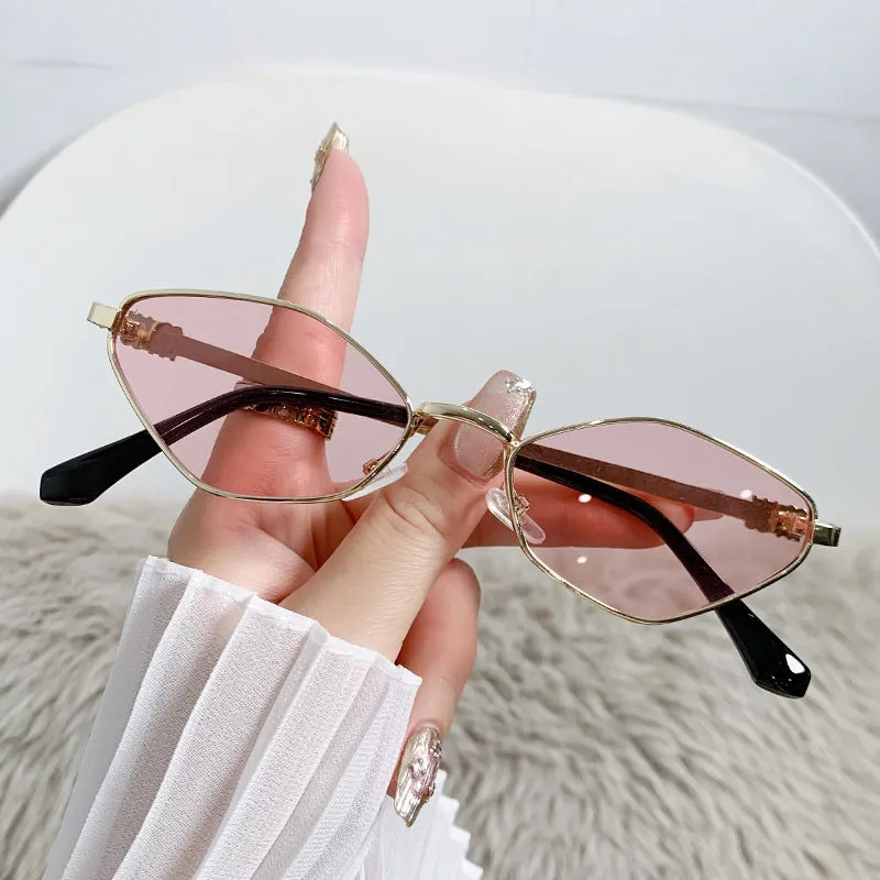 Small metal frame cat eye sunglasses with rhombus design in gold frame with various lens colour options
