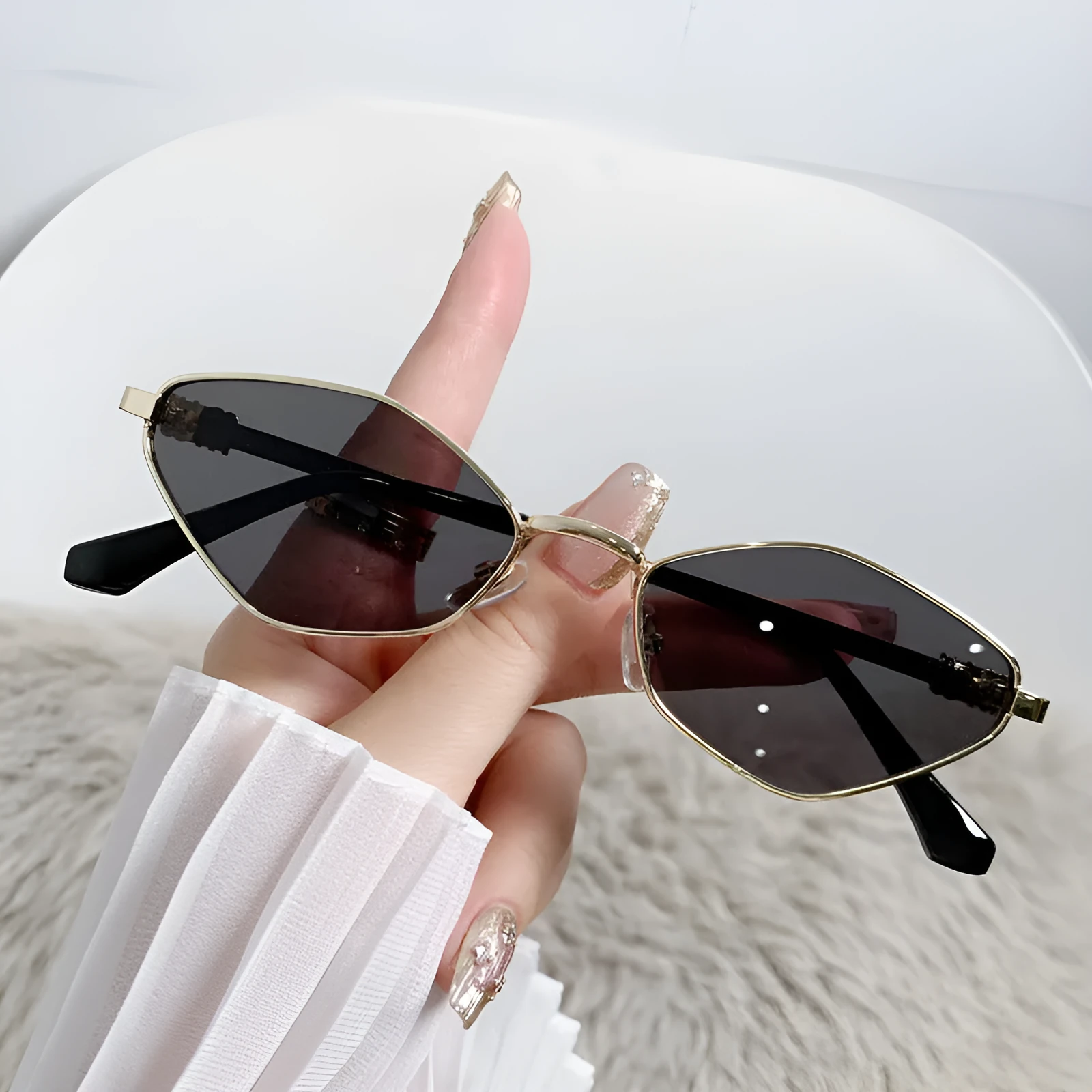 Small metal frame cat eye sunglasses with rhombus design in gold frame with various lens colour options