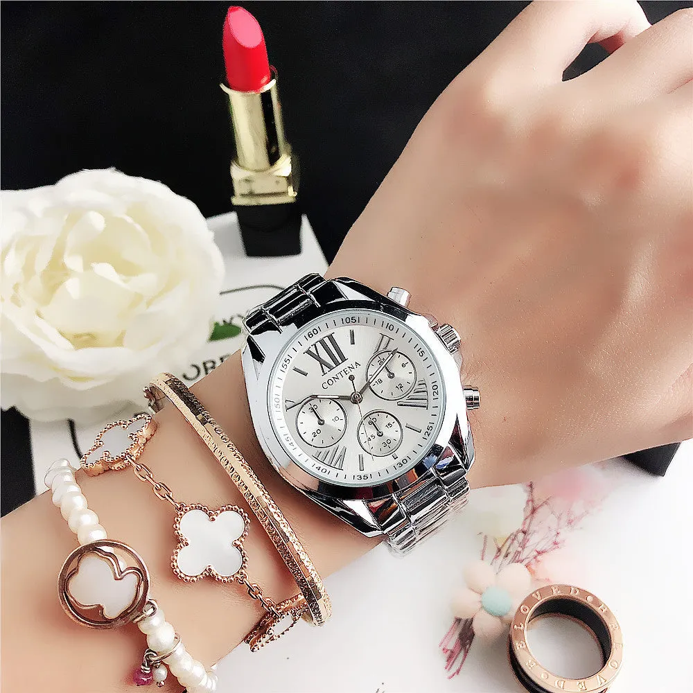 Women's silver and gold diamond quartz watch with mesh strap and analogue display