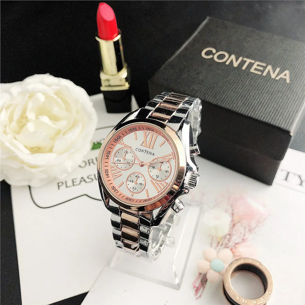 Women's silver and gold diamond quartz watch with mesh strap and analogue display