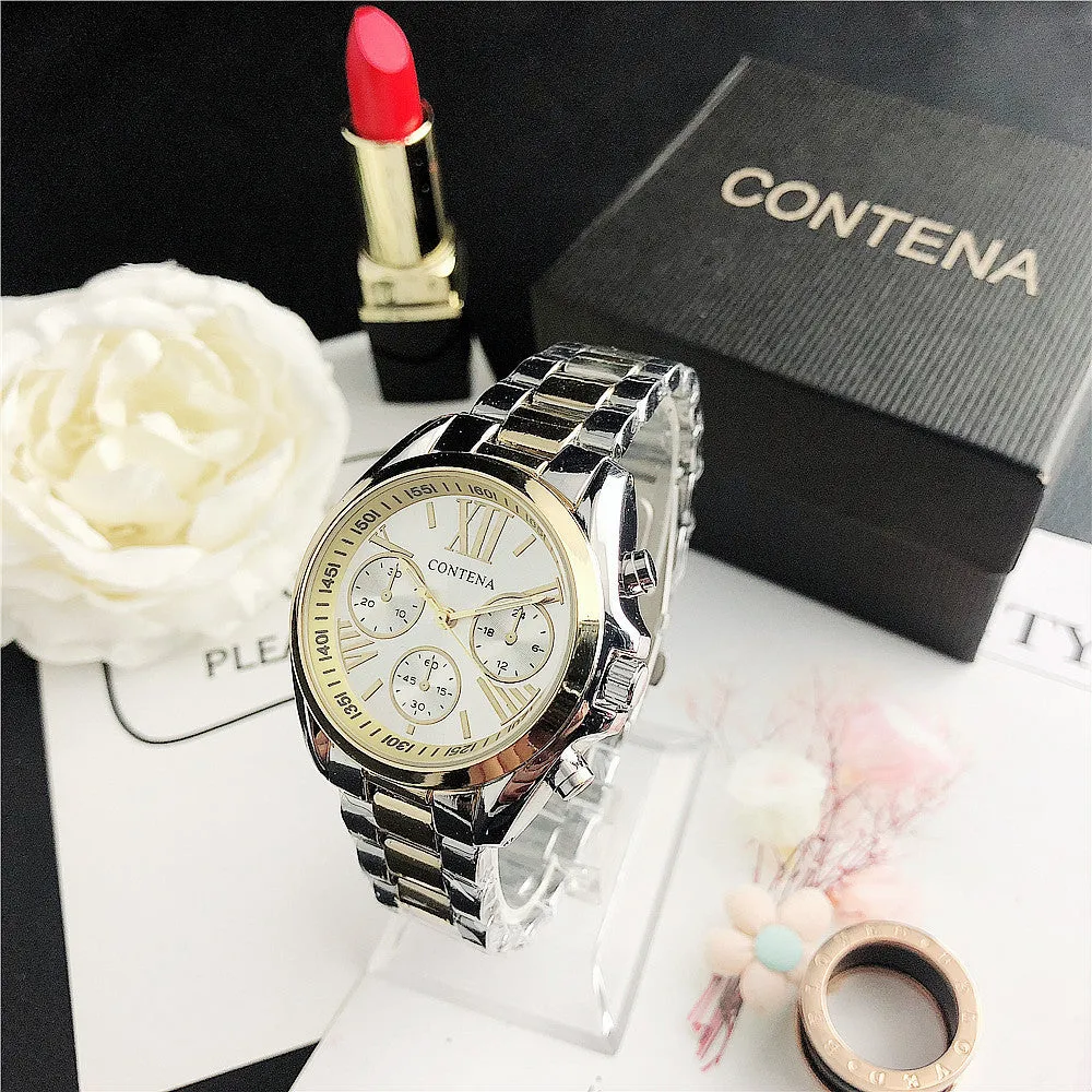 Women's silver and gold diamond quartz watch with mesh strap and analogue display