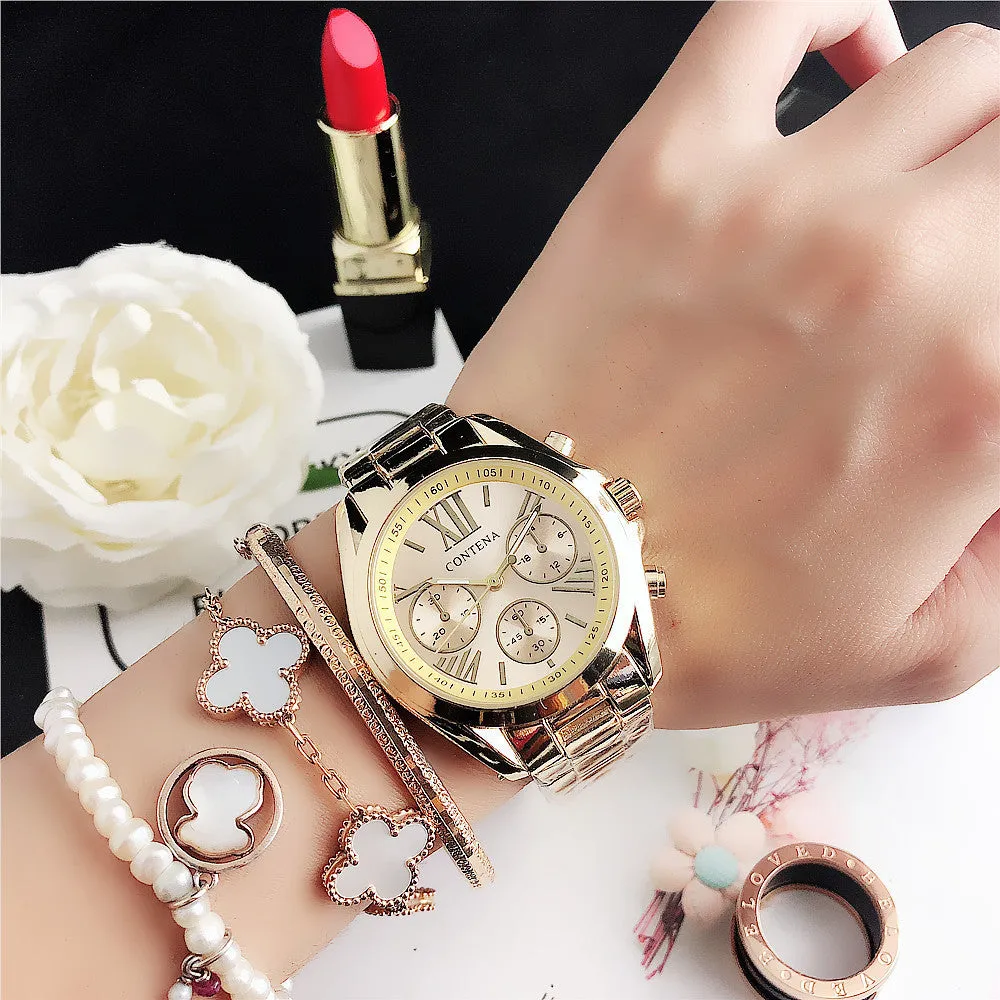 Women's silver and gold diamond quartz watch with mesh strap and analogue display