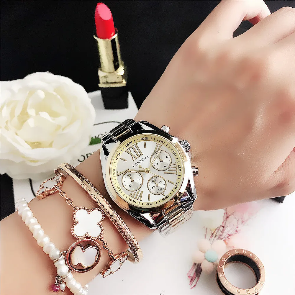 Women's silver and gold diamond quartz watch with mesh strap and analogue display